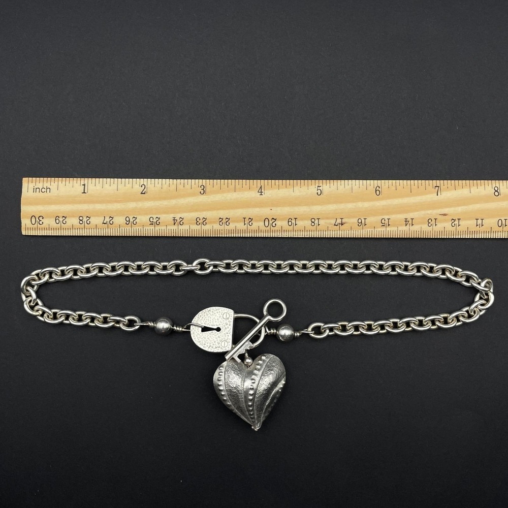 Chunky Sterling Silver Heart Lock Key Toggle Necklace Statement Jewelry - Picture 8 of 10